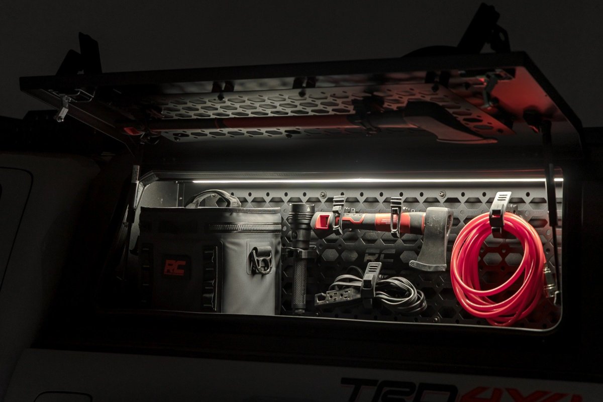 Toyota Tacoma Bed Cap Molle Panel Side Storage Bin - Driver Side - Rough Country - Molle Panel + Integrated LED, Powder-Coated - '16-'23